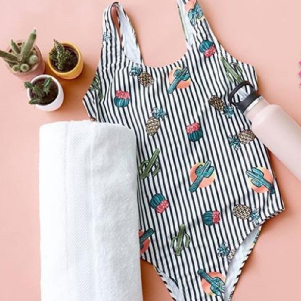 Primark Black & White Striped One-Piece Swimsuit with Multicolor Cactus Print